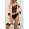 image:imageLYANER Womens Sexy Silk Satin Pajamas Set 4pcs Lingerie Nightwear Floral Lace Cami Pjs Sleepwear with RobeCoral Pink Floral Print