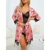 image:imageLYANER Womens Sexy Silk Satin Pajamas Set 4pcs Lingerie Nightwear Floral Lace Cami Pjs Sleepwear with RobeCoral Pink Print