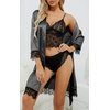 image:imageLYANER Womens Sexy Silk Satin Pajamas Set 4pcs Lingerie Nightwear Floral Lace Cami Pjs Sleepwear with RobeDark Grey