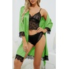 image:imageLYANER Womens Sexy Silk Satin Pajamas Set 4pcs Lingerie Nightwear Floral Lace Cami Pjs Sleepwear with RobeGreen