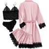 image:imageLYANER Womens Sexy Silk Satin Pajamas Set 4pcs Lingerie Nightwear Floral Lace Cami Pjs Sleepwear with RobeLight Pink