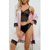 image:imageLYANER Womens Sexy Silk Satin Pajamas Set 4pcs Lingerie Nightwear Floral Lace Cami Pjs Sleepwear with RobeLight Pink