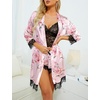 image:imageLYANER Womens Sexy Silk Satin Pajamas Set 4pcs Lingerie Nightwear Floral Lace Cami Pjs Sleepwear with RobeLight Pink Print