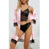 image:imageLYANER Womens Sexy Silk Satin Pajamas Set 4pcs Lingerie Nightwear Floral Lace Cami Pjs Sleepwear with RobeLight Pink Print