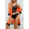image:imageLYANER Womens Sexy Silk Satin Pajamas Set 4pcs Lingerie Nightwear Floral Lace Cami Pjs Sleepwear with RobeOrange