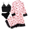 image:imageLYANER Womens Sexy Silk Satin Pajamas Set 4pcs Lingerie Nightwear Floral Lace Cami Pjs Sleepwear with RobePink Red Print