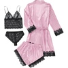 image:imageLYANER Womens Sexy Silk Satin Pajamas Set 4pcs Lingerie Nightwear Floral Lace Cami Pjs Sleepwear with RobePink and White Stripes