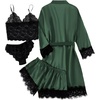 image:imageLYANER Womens Sexy Silk Satin Pajamas Set 4pcs Lingerie Nightwear Floral Lace Cami Pjs Sleepwear with RobePlain Deep Green
