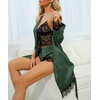 image:imageLYANER Womens Sexy Silk Satin Pajamas Set 4pcs Lingerie Nightwear Floral Lace Cami Pjs Sleepwear with RobePlain Deep Green