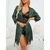 image:imageLYANER Womens Sexy Silk Satin Pajamas Set 4pcs Lingerie Nightwear Floral Lace Cami Pjs Sleepwear with RobePlain Deep Green