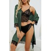 image:imageLYANER Womens Sexy Silk Satin Pajamas Set 4pcs Lingerie Nightwear Floral Lace Cami Pjs Sleepwear with RobePlain Deep Green
