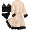 image:imageLYANER Womens Sexy Silk Satin Pajamas Set 4pcs Lingerie Nightwear Floral Lace Cami Pjs Sleepwear with RobePure Champagne