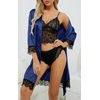 image:imageLYANER Womens Sexy Silk Satin Pajamas Set 4pcs Lingerie Nightwear Floral Lace Cami Pjs Sleepwear with RobePure Dark Navy Blue