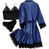 image:imageLYANER Womens Sexy Silk Satin Pajamas Set 4pcs Lingerie Nightwear Floral Lace Cami Pjs Sleepwear with RobePure Dark Navy Blue