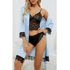 image:imageLYANER Womens Sexy Silk Satin Pajamas Set 4pcs Lingerie Nightwear Floral Lace Cami Pjs Sleepwear with RobePure Light Purple