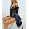 image:imageLYANER Womens Sexy Silk Satin Pajamas Set 4pcs Lingerie Nightwear Floral Lace Cami Pjs Sleepwear with RobePure Navy Blue