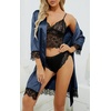 image:imageLYANER Womens Sexy Silk Satin Pajamas Set 4pcs Lingerie Nightwear Floral Lace Cami Pjs Sleepwear with RobePure Navy Blue