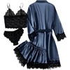 image:imageLYANER Womens Sexy Silk Satin Pajamas Set 4pcs Lingerie Nightwear Floral Lace Cami Pjs Sleepwear with RobePure Navy Blue