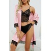 image:imageLYANER Womens Sexy Silk Satin Pajamas Set 4pcs Lingerie Nightwear Floral Lace Cami Pjs Sleepwear with RobePure Pink