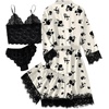 image:imageLYANER Womens Sexy Silk Satin Pajamas Set 4pcs Lingerie Nightwear Floral Lace Cami Pjs Sleepwear with RobeWhite Floral Print
