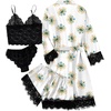 image:imageLYANER Womens Sexy Silk Satin Pajamas Set 4pcs Lingerie Nightwear Floral Lace Cami Pjs Sleepwear with RobeWhite Print