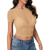 image:imageLYANER Womens Sheer Mesh Tops Sexy Short Sleeve See Through Shirt Slim Fit Going Out Crop TopKhaki