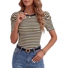 image:imageLYANER Womens Short Puff Sleeve Cotton Tops Crew Neck Striped Shirt Blouse Trendy Going Out TopsBeige