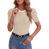 image:imageLYANER Womens Short Puff Sleeve Cotton Tops Crew Neck Striped Shirt Blouse Trendy Going Out TopsKhaki