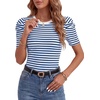 image:imageLYANER Womens Short Puff Sleeve Cotton Tops Crew Neck Striped Shirt Blouse Trendy Going Out TopsLight Royal Blue