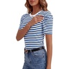 image:imageLYANER Womens Short Puff Sleeve Cotton Tops Crew Neck Striped Shirt Blouse Trendy Going Out TopsLight Royal Blue
