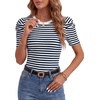 image:imageLYANER Womens Short Puff Sleeve Cotton Tops Crew Neck Striped Shirt Blouse Trendy Going Out TopsNavy Blue