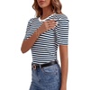 image:imageLYANER Womens Short Puff Sleeve Cotton Tops Crew Neck Striped Shirt Blouse Trendy Going Out TopsNavy Blue