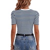 image:imageLYANER Womens Short Puff Sleeve Cotton Tops Crew Neck Striped Shirt Blouse Trendy Going Out TopsNavy Blue