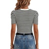 image:imageLYANER Womens Short Puff Sleeve Cotton Tops Crew Neck Striped Shirt Blouse Trendy Going Out TopsWhite