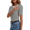 image:imageLYANER Womens Short Puff Sleeve Cotton Tops Crew Neck Striped Shirt Blouse Trendy Going Out TopsWhite