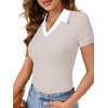 image:imageLYANER Womens Short Sleeve Collared V Neck Polo Shirts Business Casual Work Tops Summer Fitted TeeContrast Beige