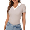 image:imageLYANER Womens Short Sleeve Collared V Neck Polo Shirts Business Casual Work Tops Summer Fitted TeeContrast Beige