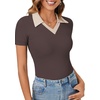image:imageLYANER Womens Short Sleeve Collared V Neck Polo Shirts Business Casual Work Tops Summer Fitted TeeContrast Chocolate