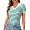 image:imageLYANER Womens Short Sleeve Collared V Neck Polo Shirts Business Casual Work Tops Summer Fitted TeeStripe Light Green