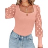 image:imageLYANER Womens Square Neck Blouse Sheer Mesh Lantern Sleeve Polka Dot Knit Business Casual Tops ShirtsSolid Pink