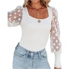 image:imageLYANER Womens Square Neck Blouse Sheer Mesh Lantern Sleeve Polka Dot Knit Business Casual Tops ShirtsSolid White