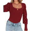 image:imageLYANER Womens Square Neck Blouse Sheer Mesh Lantern Sleeve Polka Dot Knit Business Casual Tops ShirtsWine Red
