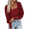 image:imageLYANER Womens Square Neck Blouse Sheer Mesh Lantern Sleeve Polka Dot Knit Business Casual Tops ShirtsWine Red