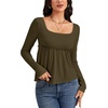 image:imageLYANER Womens Square Neck Frill Ruched Long Sleeve Babydoll Peplum Top Blouse ShirtArmy Green