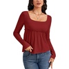 image:imageLYANER Womens Square Neck Frill Ruched Long Sleeve Babydoll Peplum Top Blouse ShirtBurgundy