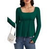 image:imageLYANER Womens Square Neck Frill Ruched Long Sleeve Babydoll Peplum Top Blouse ShirtDark Green
