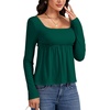 image:imageLYANER Womens Square Neck Frill Ruched Long Sleeve Babydoll Peplum Top Blouse ShirtDark Green