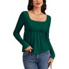 image:imageLYANER Womens Square Neck Frill Ruched Long Sleeve Babydoll Peplum Top Blouse ShirtDark Green