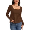image:imageLYANER Womens Square Neck Frill Ruched Long Sleeve Babydoll Peplum Top Blouse ShirtDeep Brown