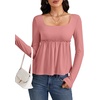 image:imageLYANER Womens Square Neck Frill Ruched Long Sleeve Babydoll Peplum Top Blouse ShirtDusty Pink
